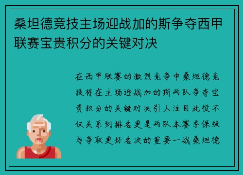 桑坦德竞技主场迎战加的斯争夺西甲联赛宝贵积分的关键对决